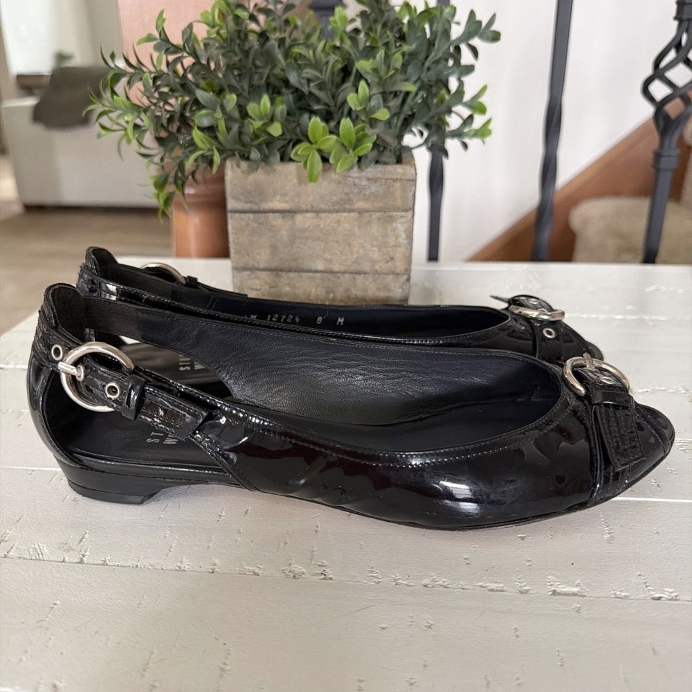 Stuart Weitzman Patent Leather Size 8 Black Peep Toe Slingback Flats Office Chic